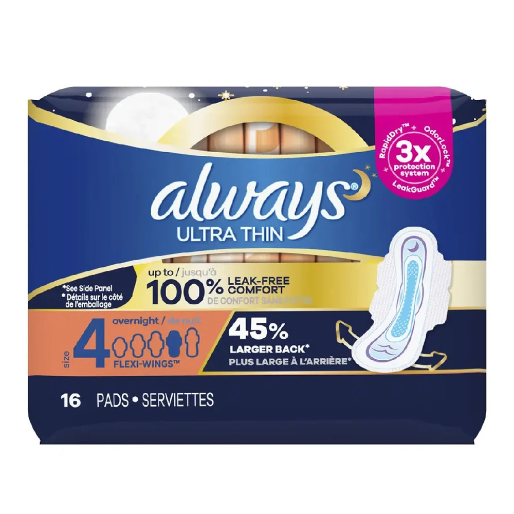 Classic Ultra Thin Pads Size 4 Overnight for Nighttime Coverage 16Ea Minimalist