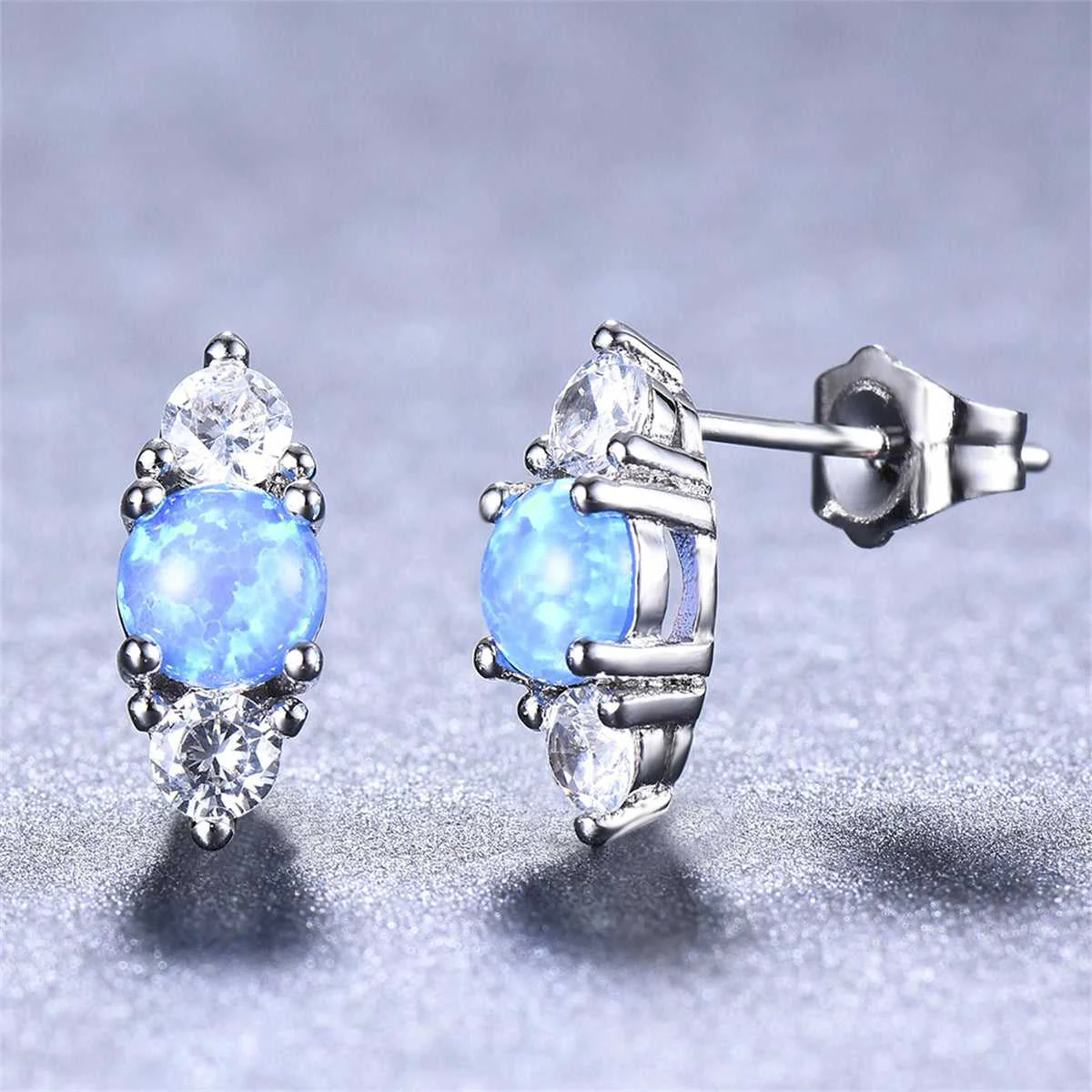 Modern Blue Opal Cubic Zirconia Silvertone Stacked Round-Cut Stud Earrings Organic