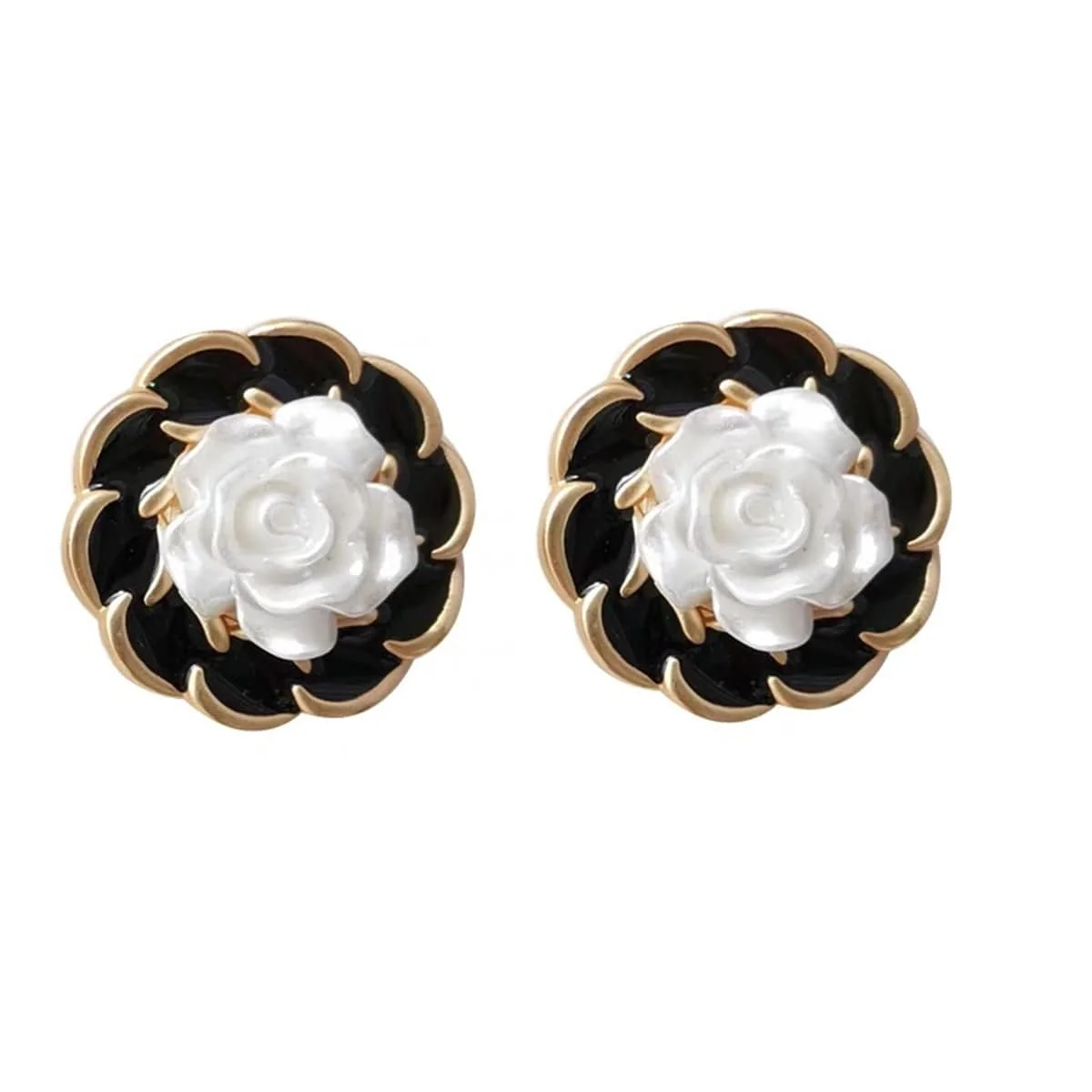 Exclusive White Black Camellia Stud Earrings High-Quality