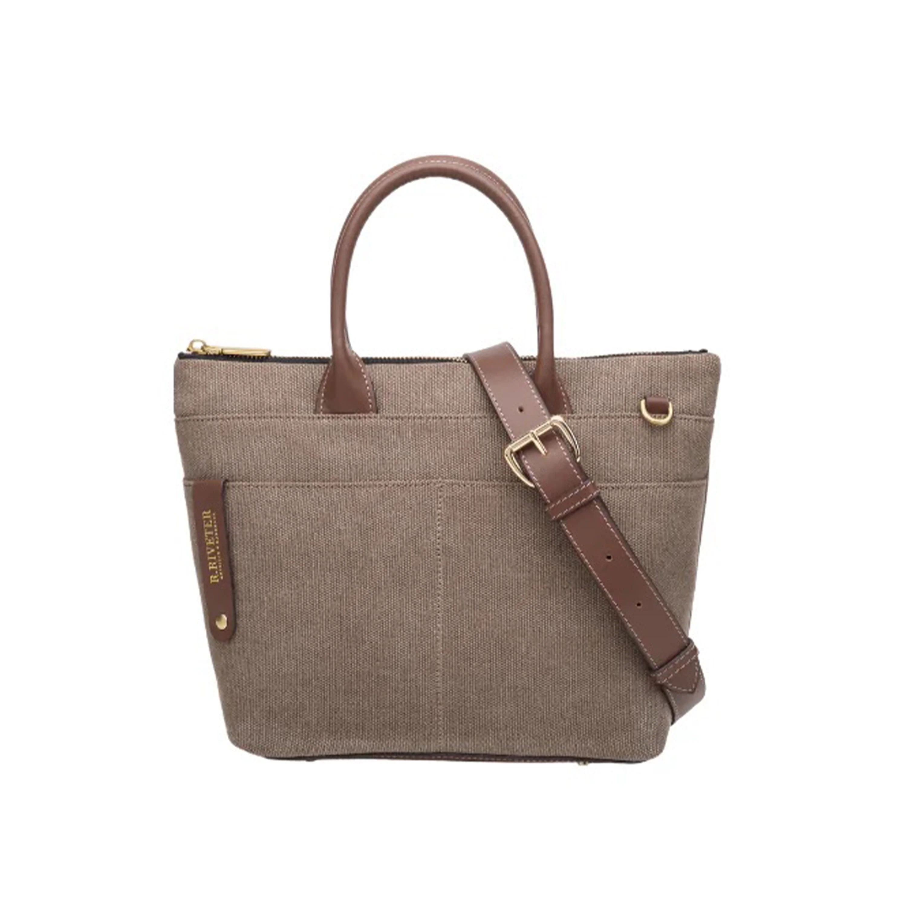 First-Class Dot Small Tote Chocolate Washed Canvas Brown Leather Functional
