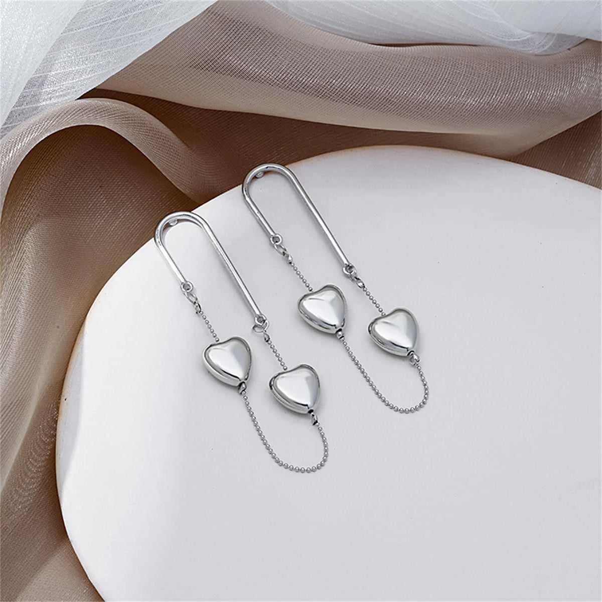 Trendy Silvertone Heart Chain Drop Earrings Exceptional