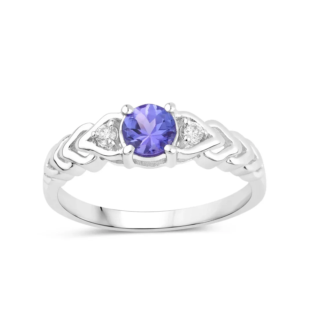 Selected 0.47 Ct Round Violet Tanzanite and Lab Diamond Prong Silver Three Stone Ring Sophisticated