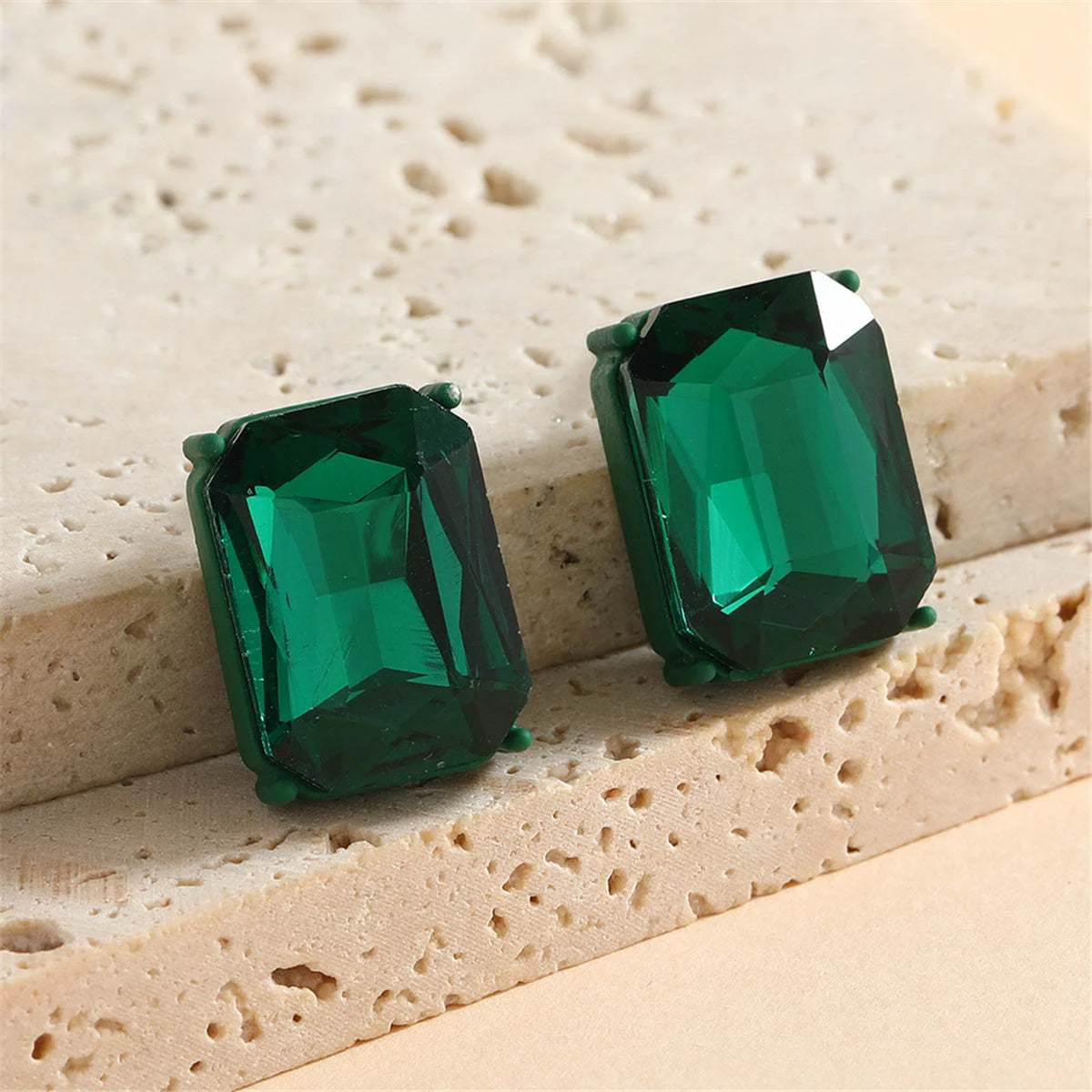 Eco-Friendly Green Crystal Enamel Silvertone Rectangle Stud Earrings Expertly Made