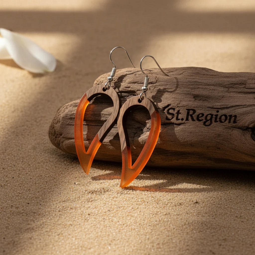 Convenient Orange Resin Wood Silvertone Upside-Down Drop Hook Earrings Innovative