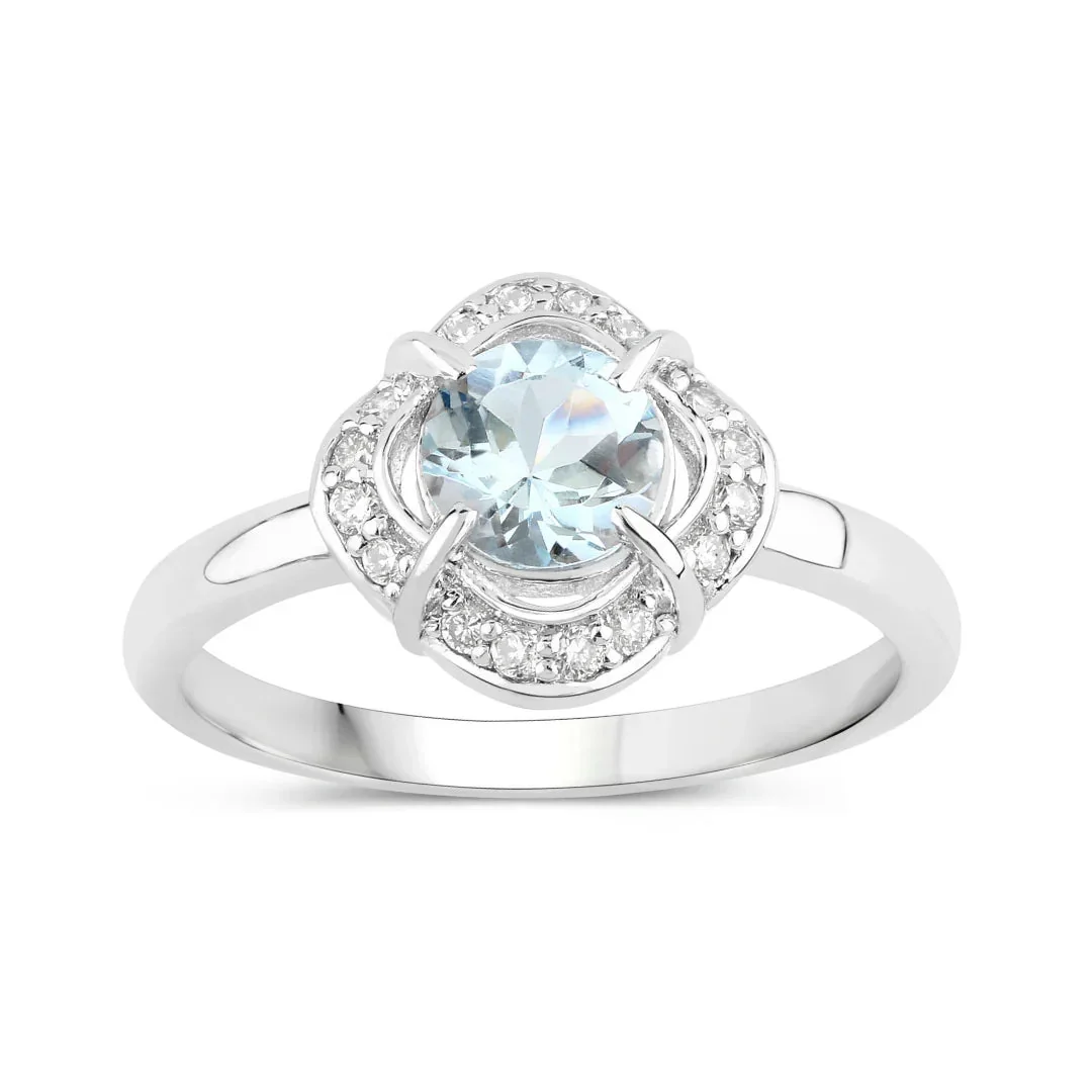 Authentic 0.75 Ct Round Blue Aquamarine Lab Diamond Prong Silver Halo Ring High-End
