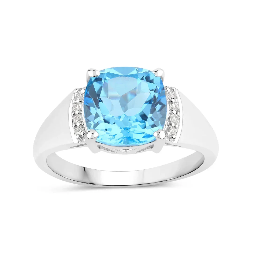 Expertly Made 3.65 Ct Cushion Swiss Blue Topaz Lab Diamond Prong Silver Cocktail Ring Healthy