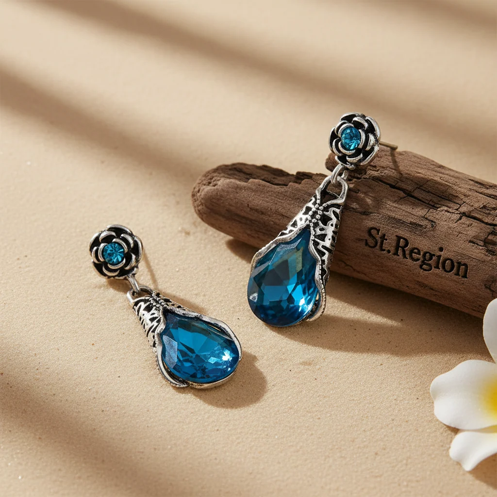 Environmentally Friendly Blue Crystal Cubic Zirconia Silvertone Rose Drop Earrings Elegant