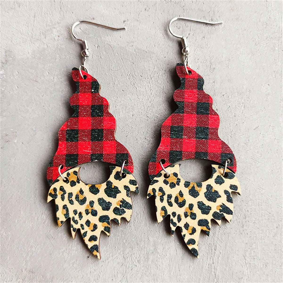 Optimized Red Khaki Wood Buffalo Check Leopard Gnome Drop Earrings Sophisticated