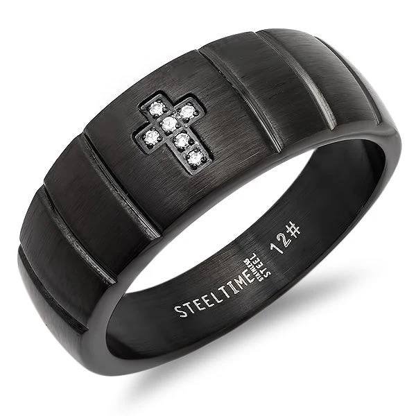 Optimized Black IP Stainless Steel And Simulated Diamond Cross Ring Carefully Designed