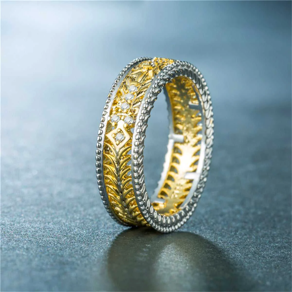 Minimalist Cubic Zirconia Two-Tone Filigree Band Verified