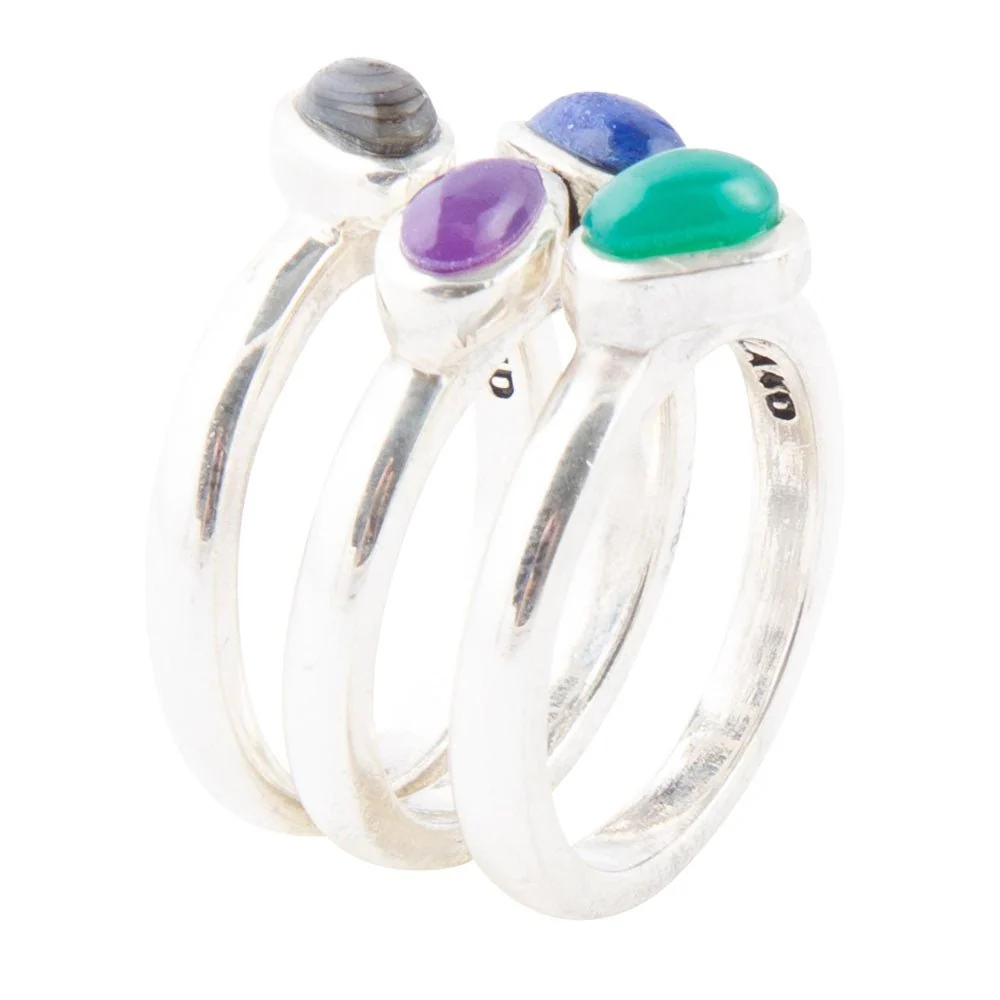 Proven Peacock Colorful Multi-Stone and Sterling Silver Ring Set Modern