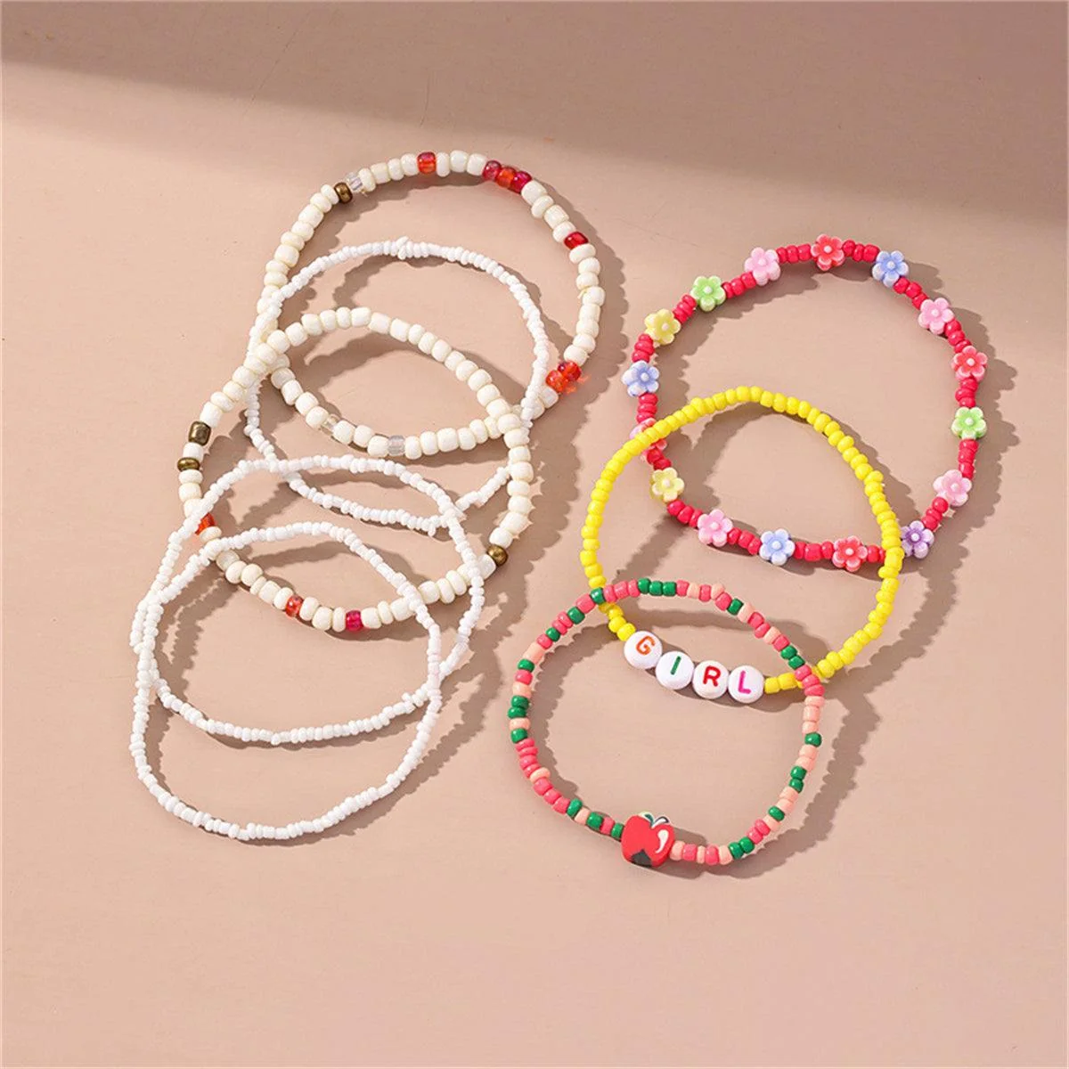Breathable Howlite Multicolor 'GIRL' Apple Flower Stretch Bracelet Set Relaxed