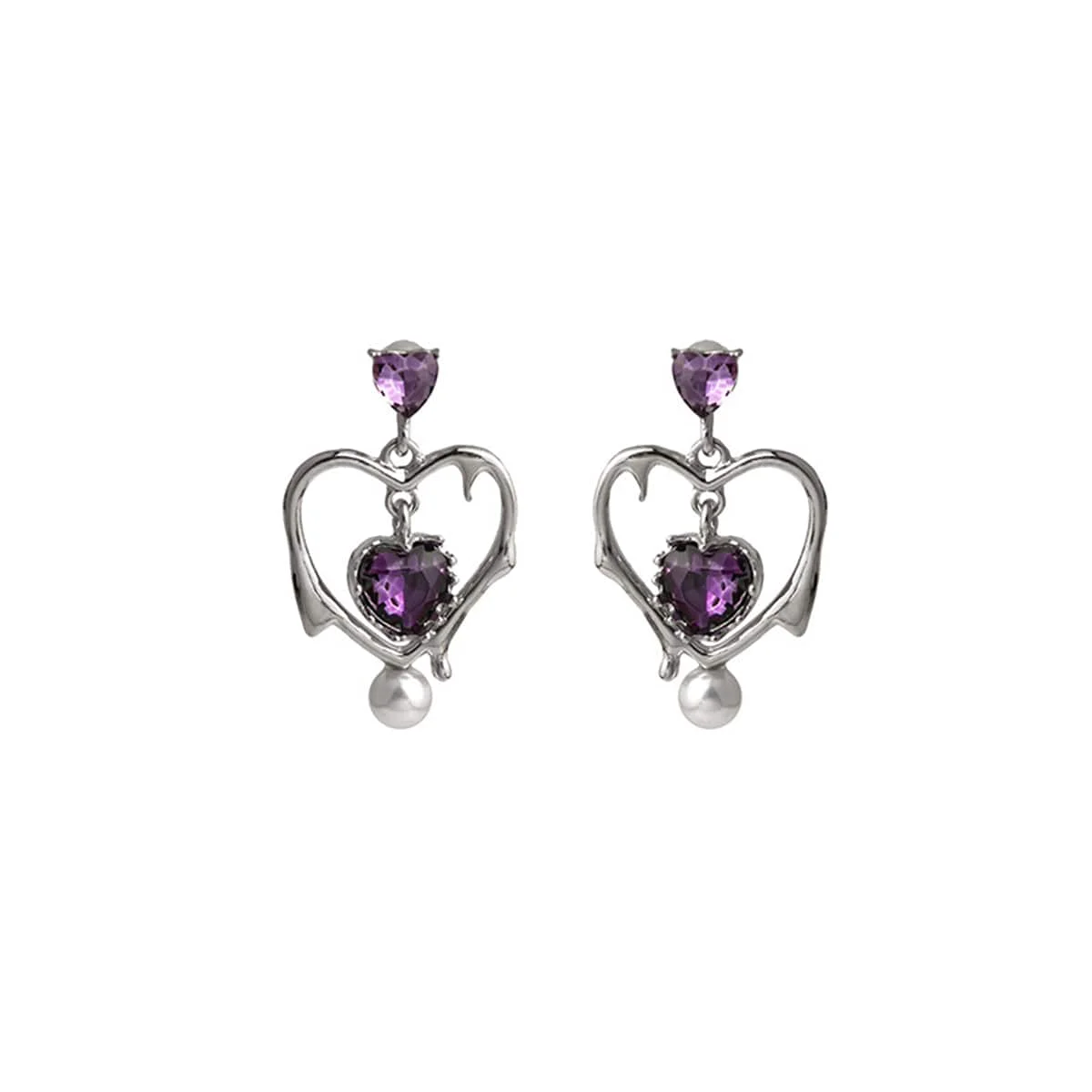Casual Purple Crystal Pearl Silvertone Open Heart Drop Earrings Traditional