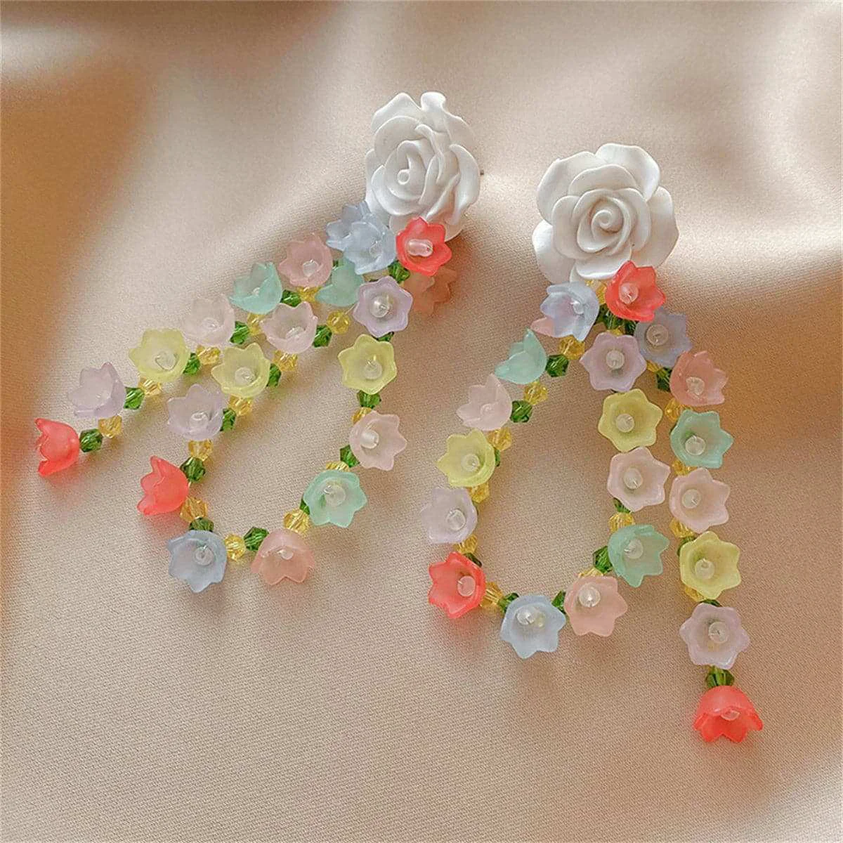 Versatile White Yellow Beaded Floral Tassel Drop Earrings Original