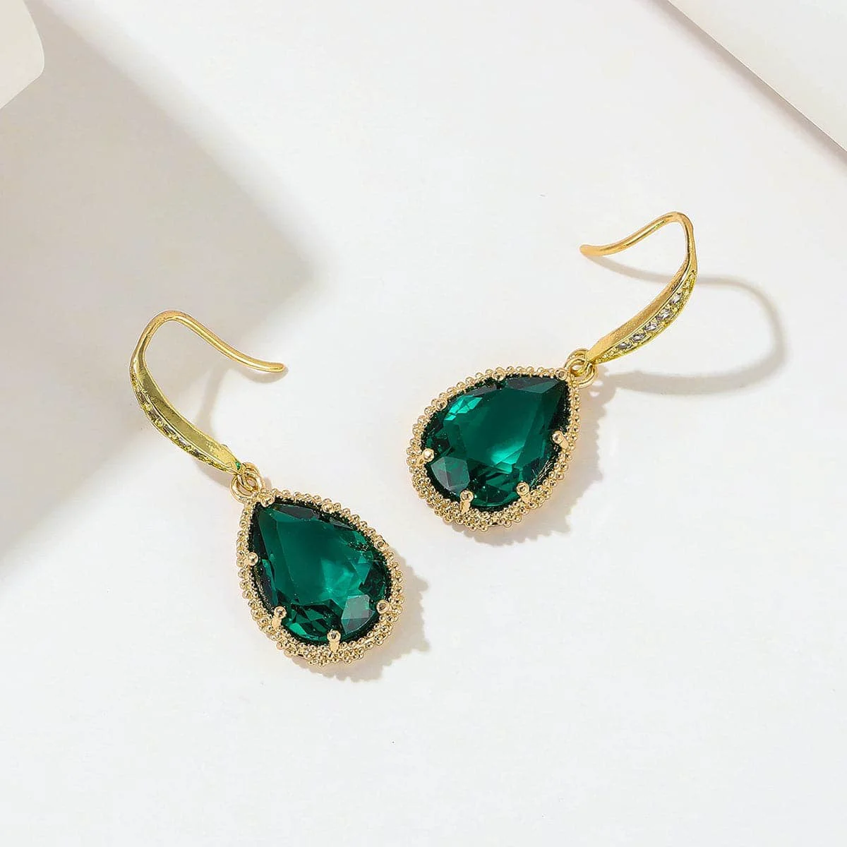 Official Green Crystal Cubic Zirconia Goldtone Hook Teardrop Earrings Fine Crafted