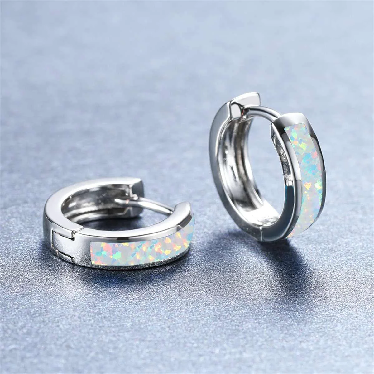 Environmentally Friendly Opal Silvertone Huggie Earrings Sustainable