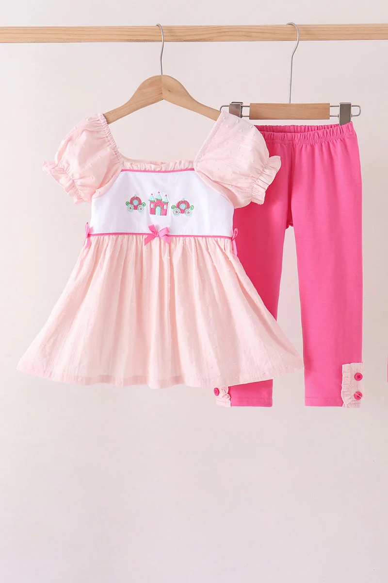 Recyclable Pink Castle Embroidery Jacquard Pants Set Flexible