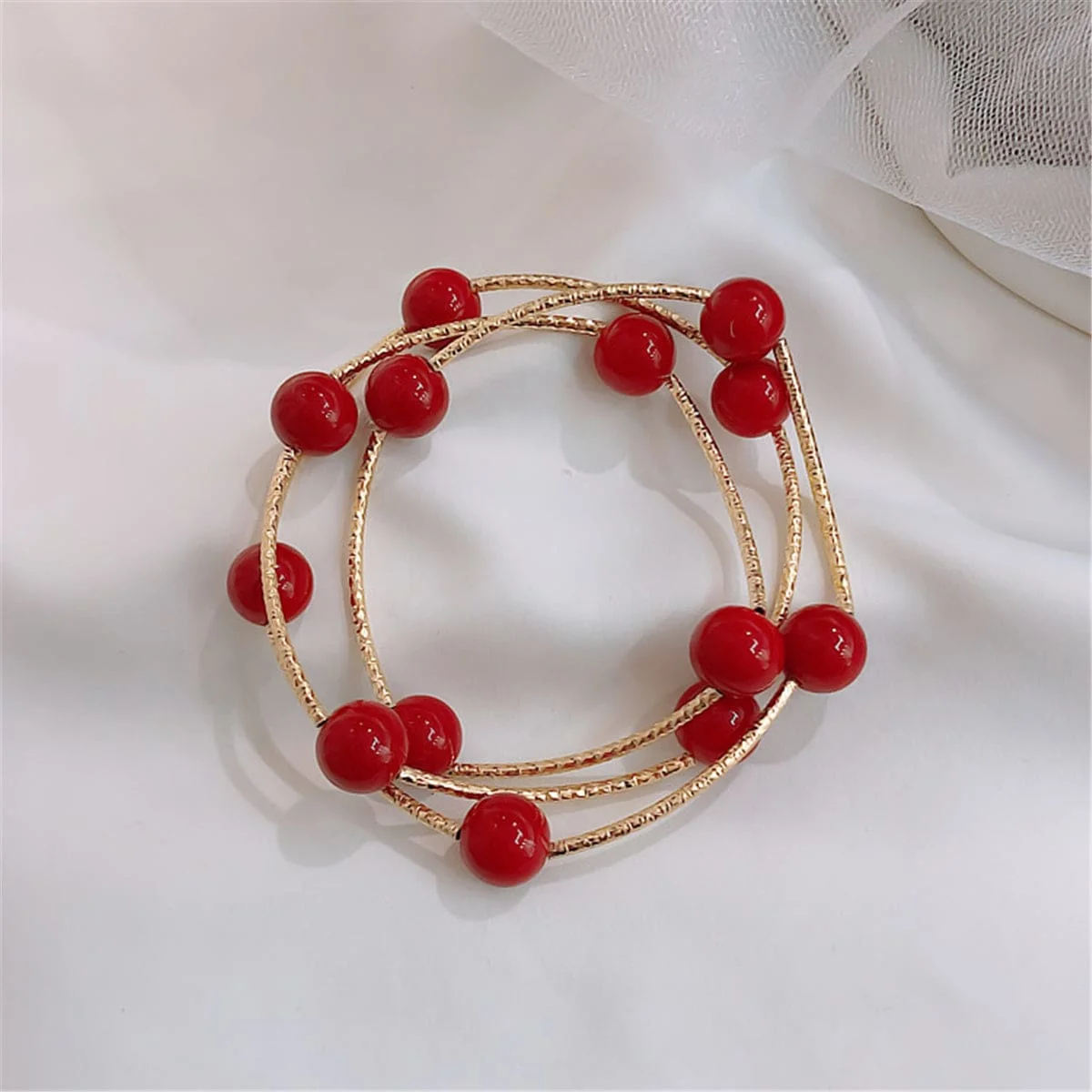 High-Performance Red Pearl Goldtone Ball Station Bracelet Reusable