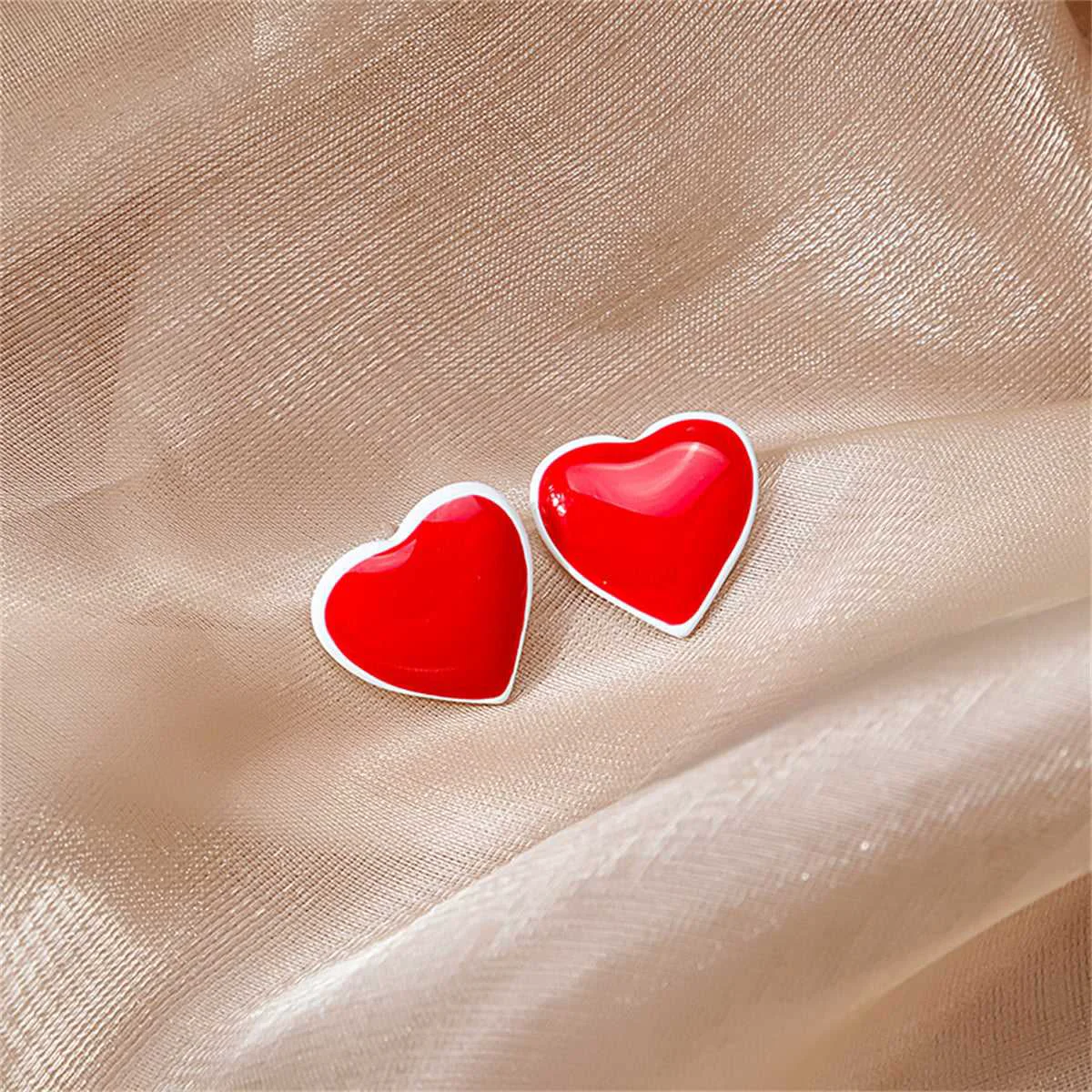 Traditional Red Enamel Silvertone Heart Stud Earrings Easy-to-Use