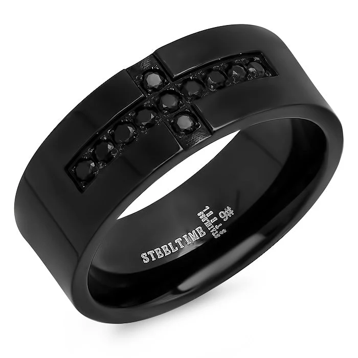 Long-Lasting Black IP Band Ring With Simulated Diamond Cross Accent Secure