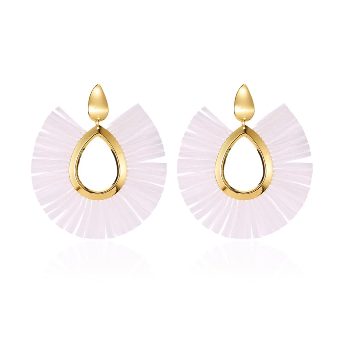 Verified White Raffia Goldtone Fan Drop Earrings Refined