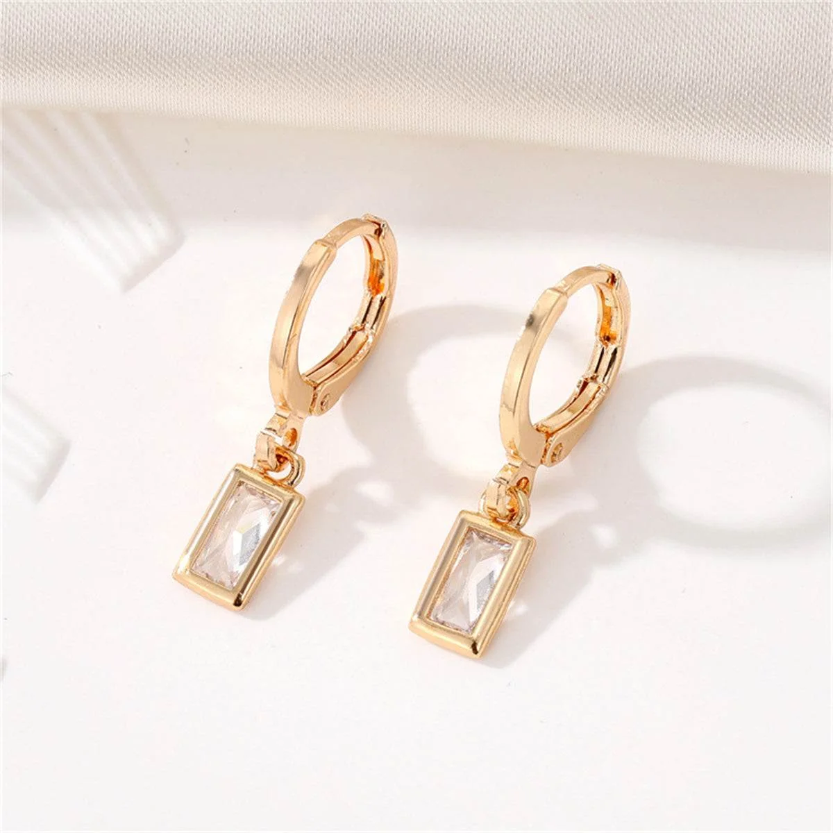 Fine White Crystal Goldtone Rectangle Huggie Earrings Expertly Made
