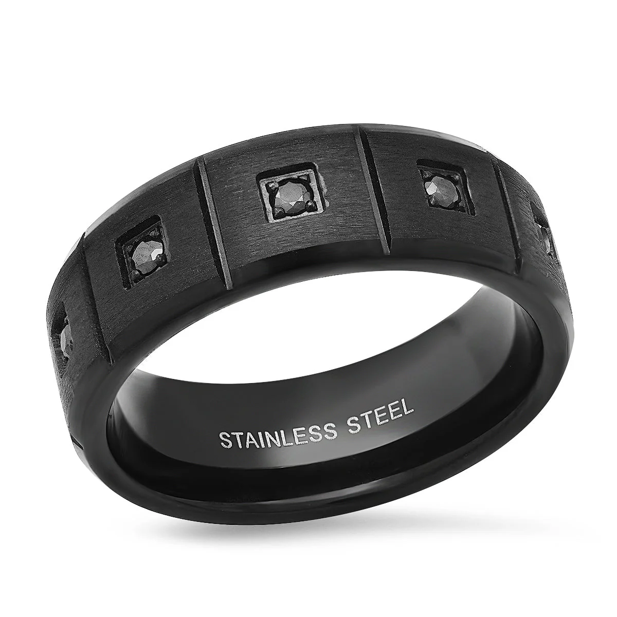 Lightweight Black IP Stainless Steel And Black Simulated Diamonds Band Ring High-Quality