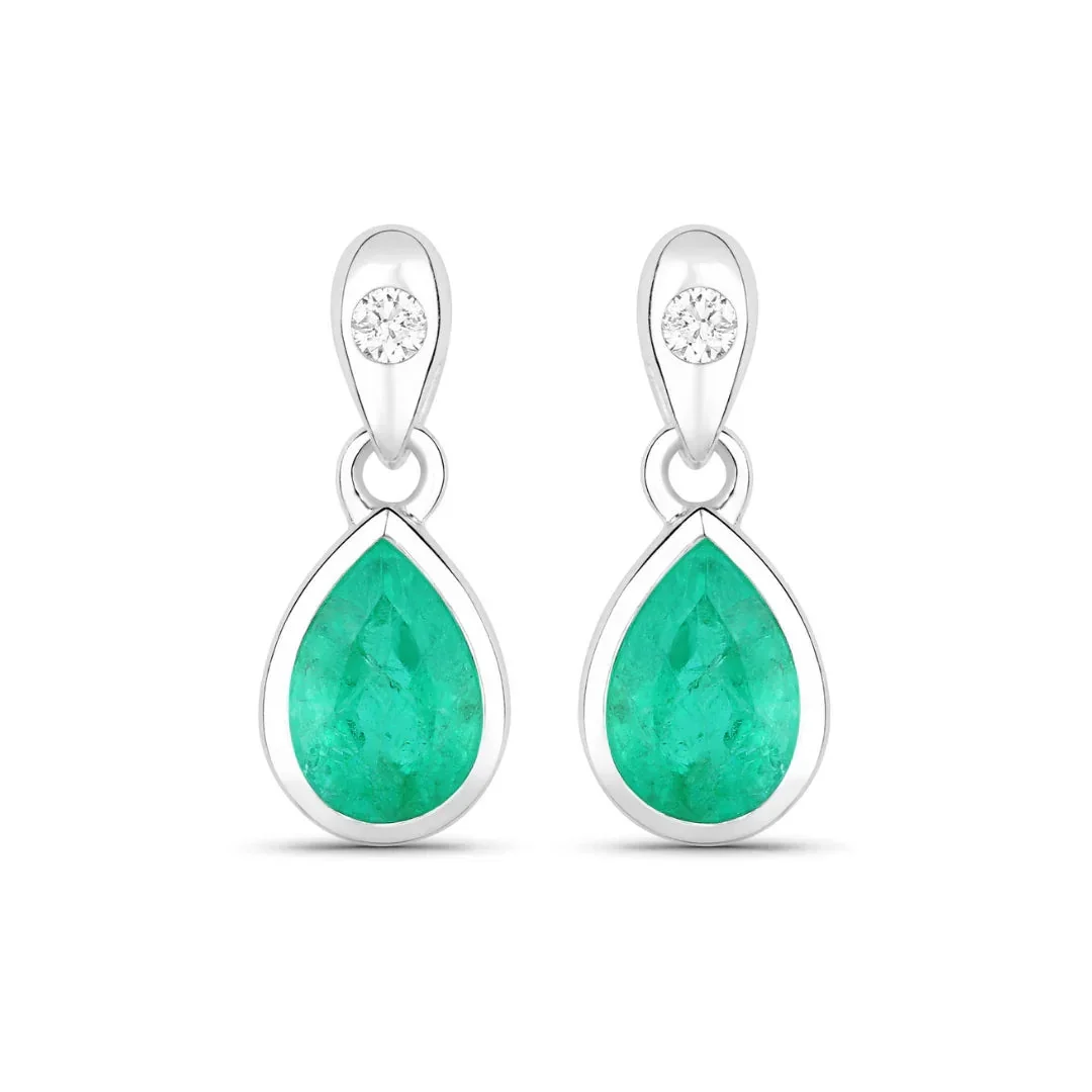 Dependable 1.30 Ct Pear Green Zambian Emerald Diamond Bezel 10K Gold Dangle Earrings Unique