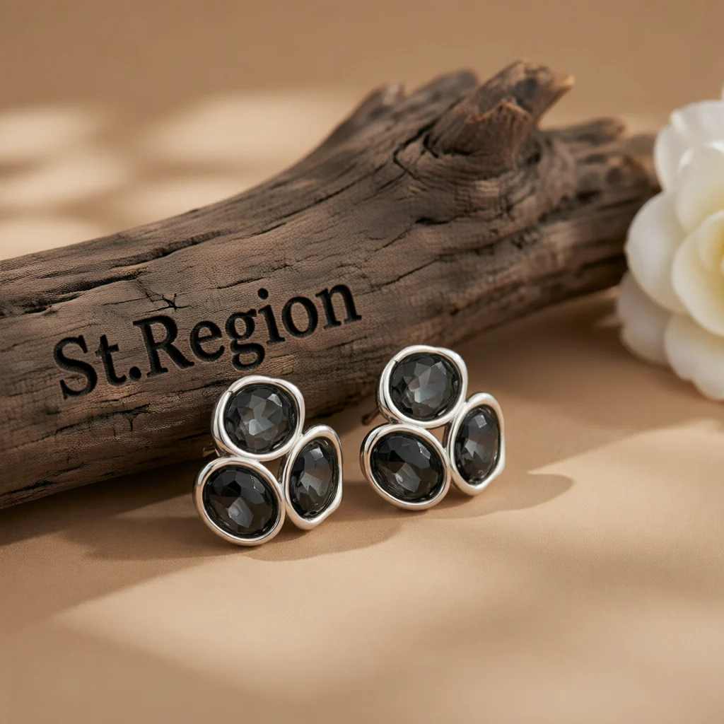 Quality Black Tri-Crystal Silvertone Geometric Stud Earring Breathable