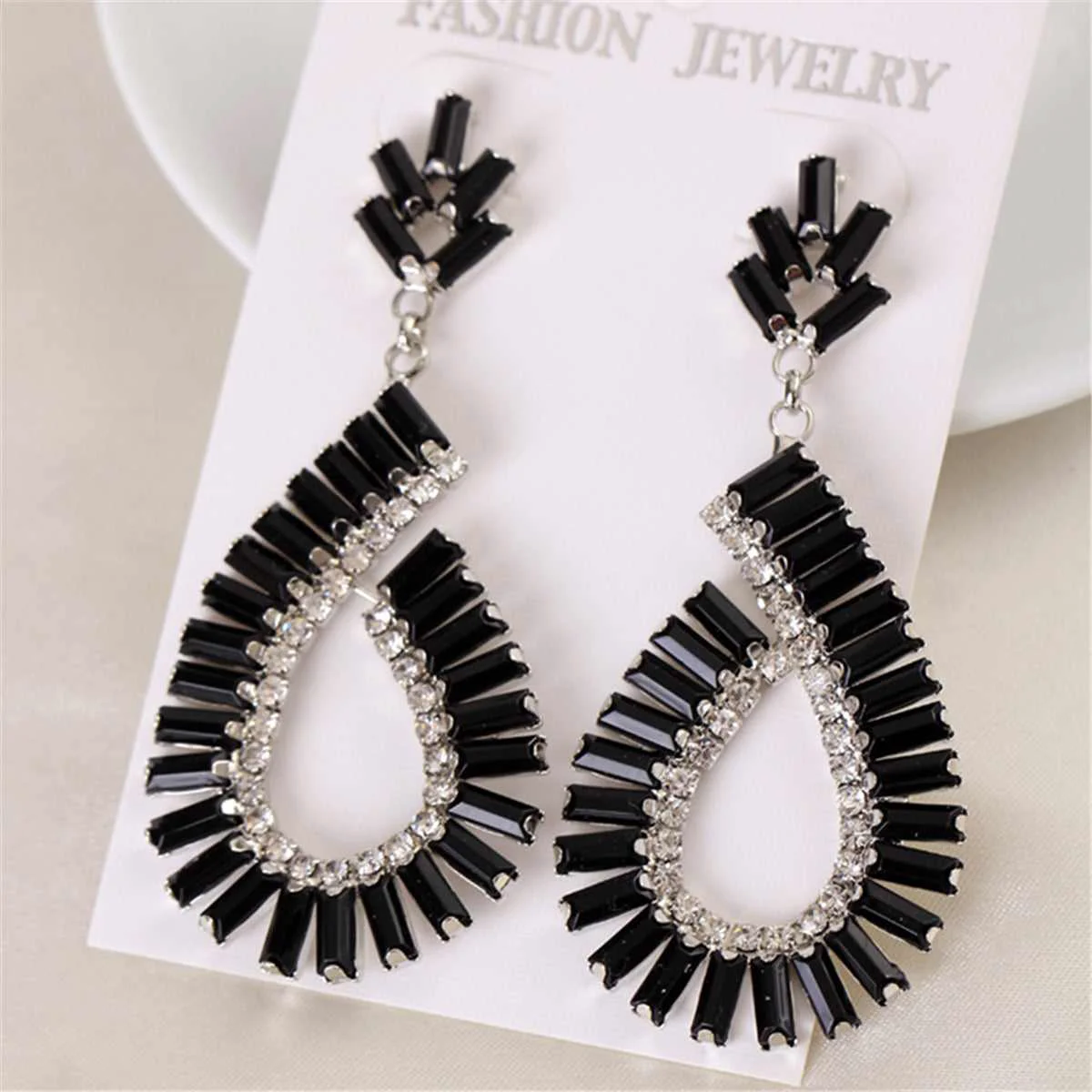 Casual Black Silvertone Baguette Open Teardrop Earrings Fashionable