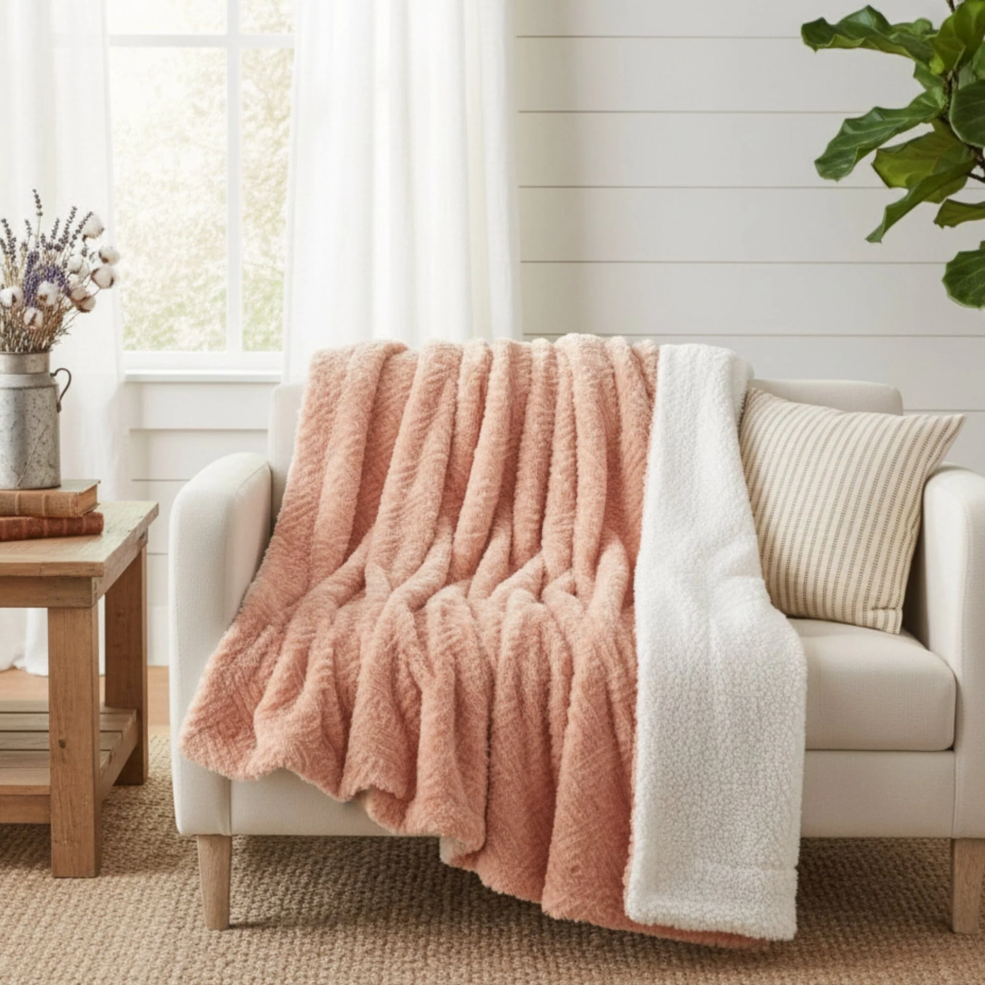 Exceptional DaDa Bedding Coral Peach Rose Faux Fur Sherpa Throw Blanket High-End