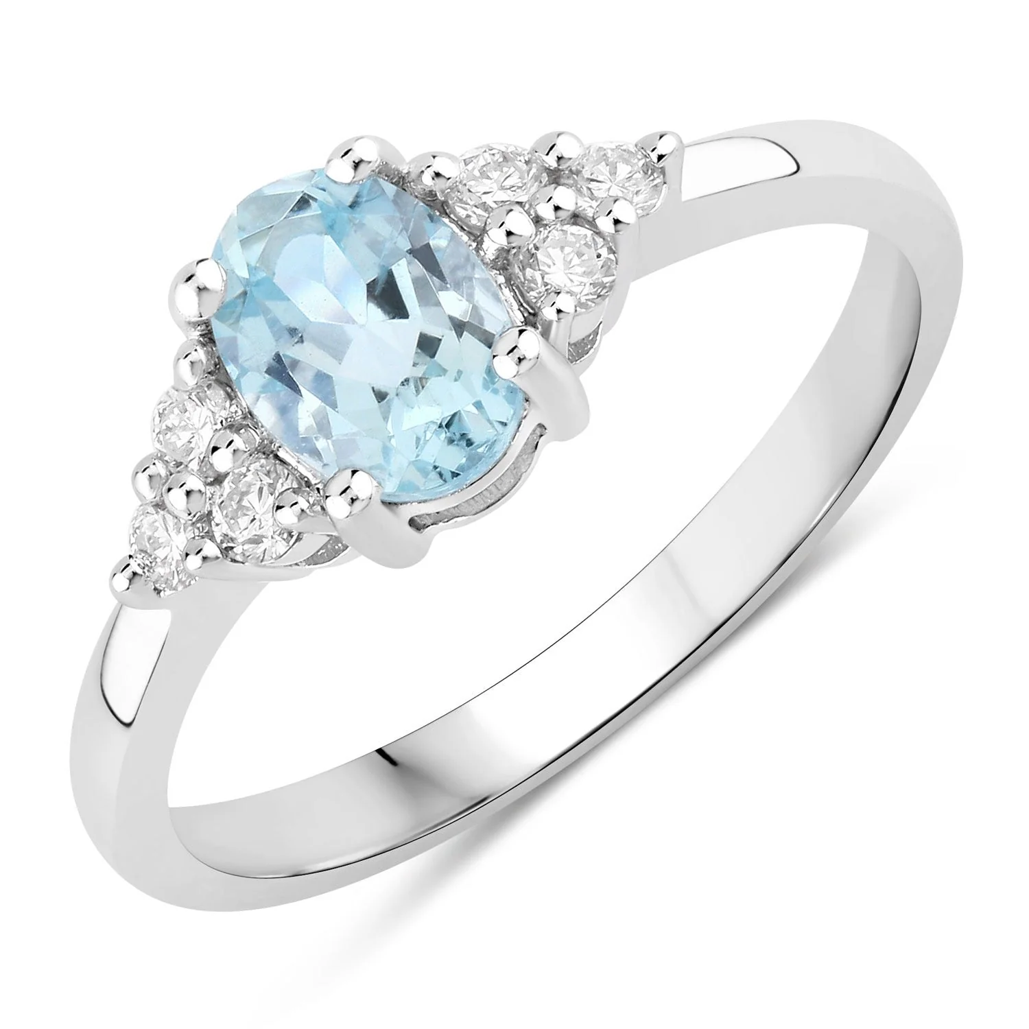 Contemporary 0.60 Ct Oval Blue Aquamarine and Lab Diamond Prong Silver Cocktail Ring Proven