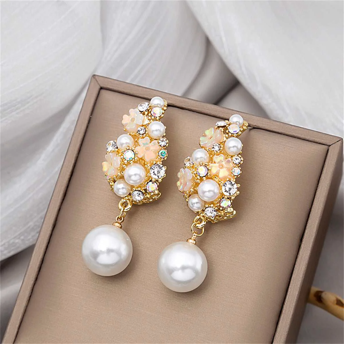 High-Grade Pearl Cubic Zirconia Goldtone Floral Cluster Drop Earrings Reliable