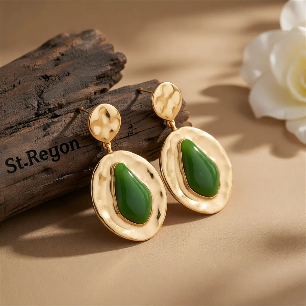 Fine Crafted Green Resin Goldtone Drop-Inside-Round Dangle Earrings Specialty