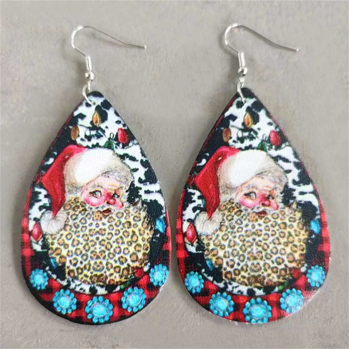 World-Class Red Multicolor Leopard Silvertone Santa Drop Earrings Outstanding