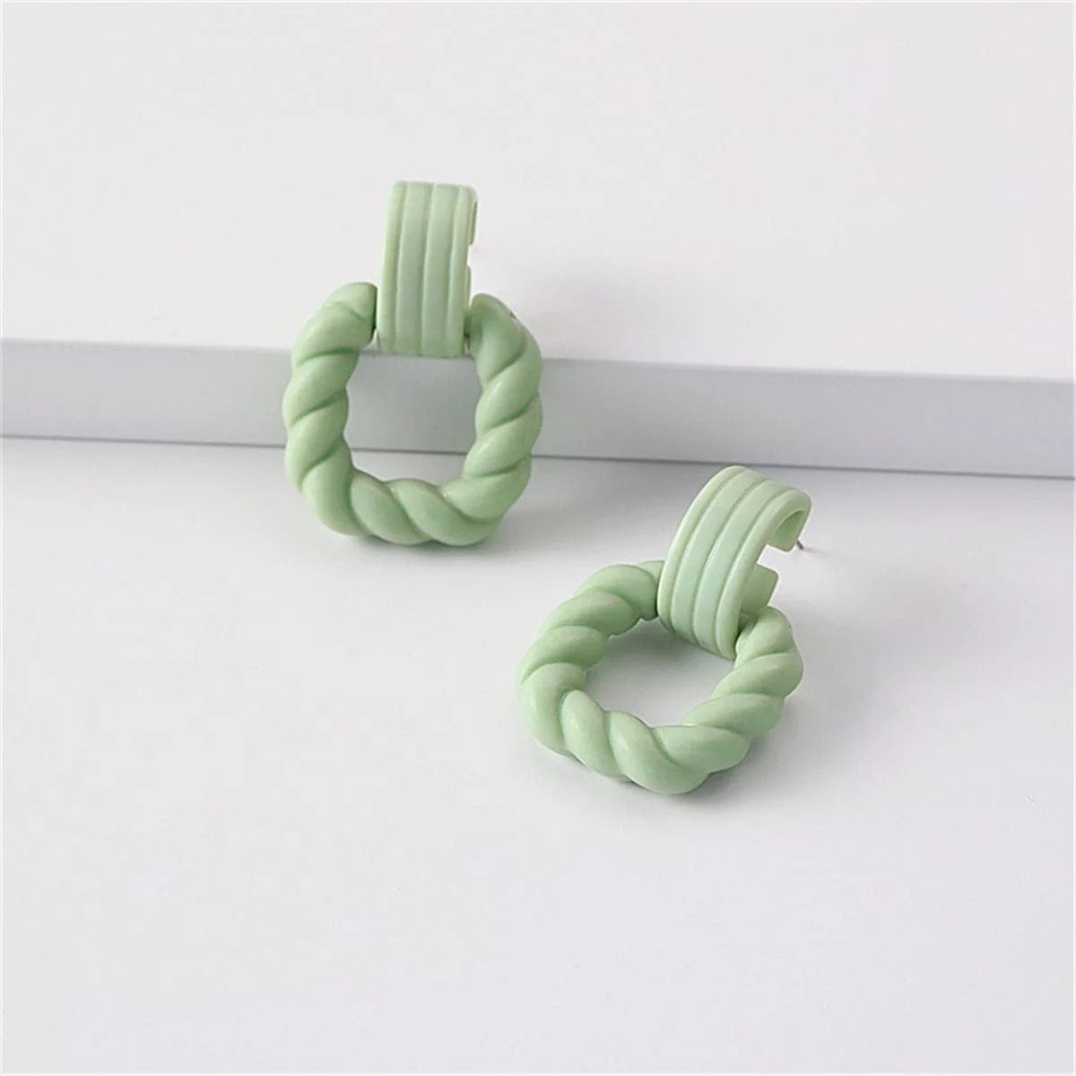 Lightweight Green Acrylic Silvertone Twist Open Square Drop Earrings Fast