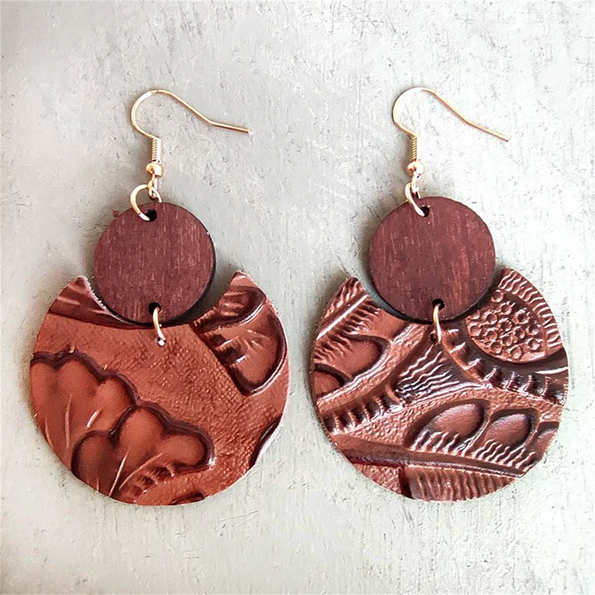 Minimalist Red Brown Floral Embossed Round Drop Earrings Top-Quality