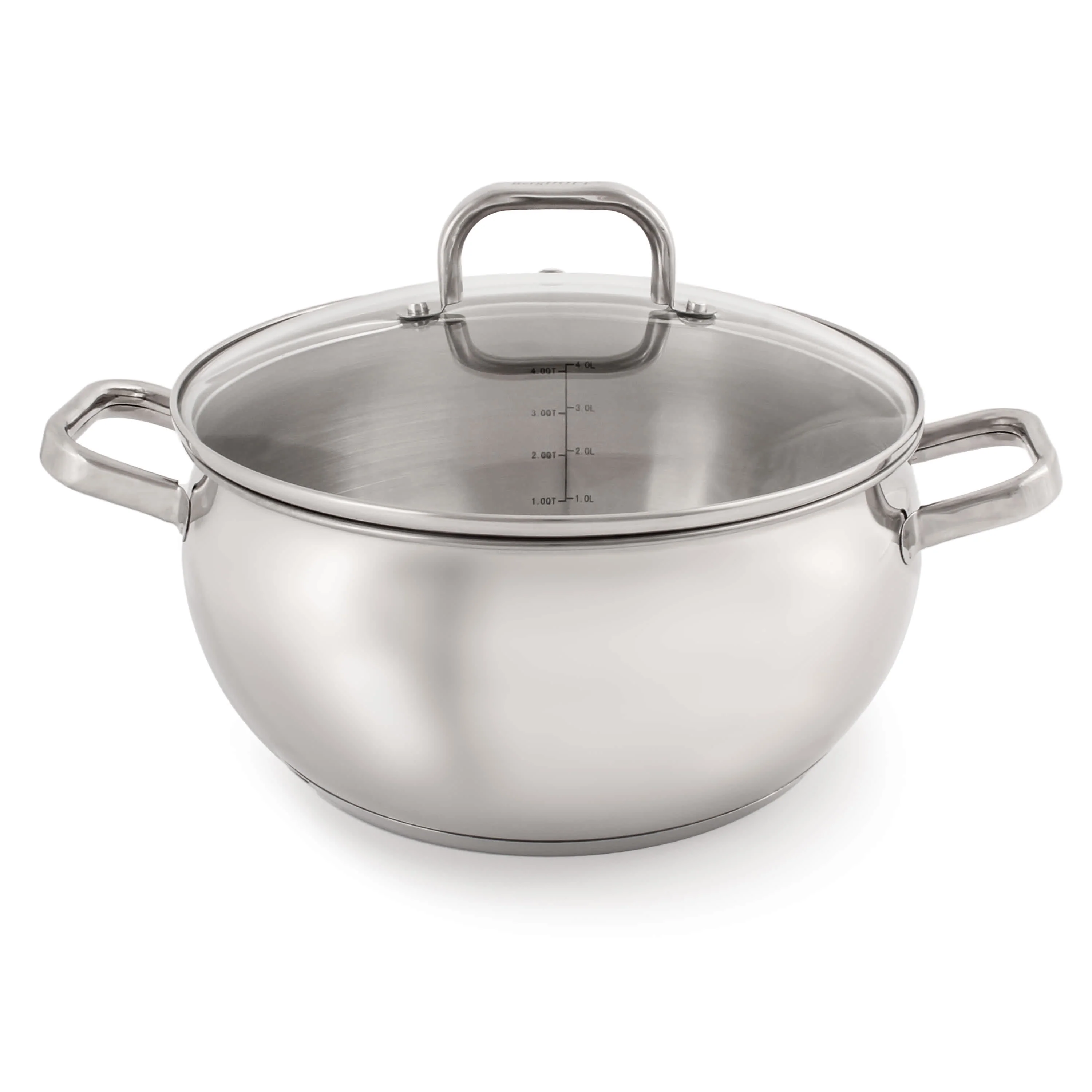 Genuine BergHOFF Belly Shape 18 10 Stainless Steel 9.5 Stock Pot with Glass Lid 5.5qt. Clean