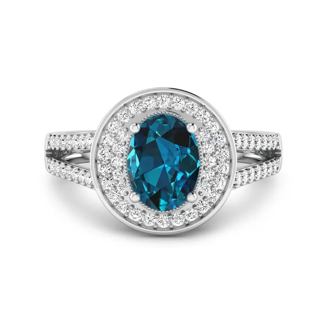 Pure White Diamond and London Blue Topaz Halo Pave Ring Long-Lasting